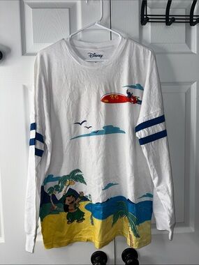 Disney White Long Sleeve Lilo & Stitch Beach Graphic Tee with Blue Stripes